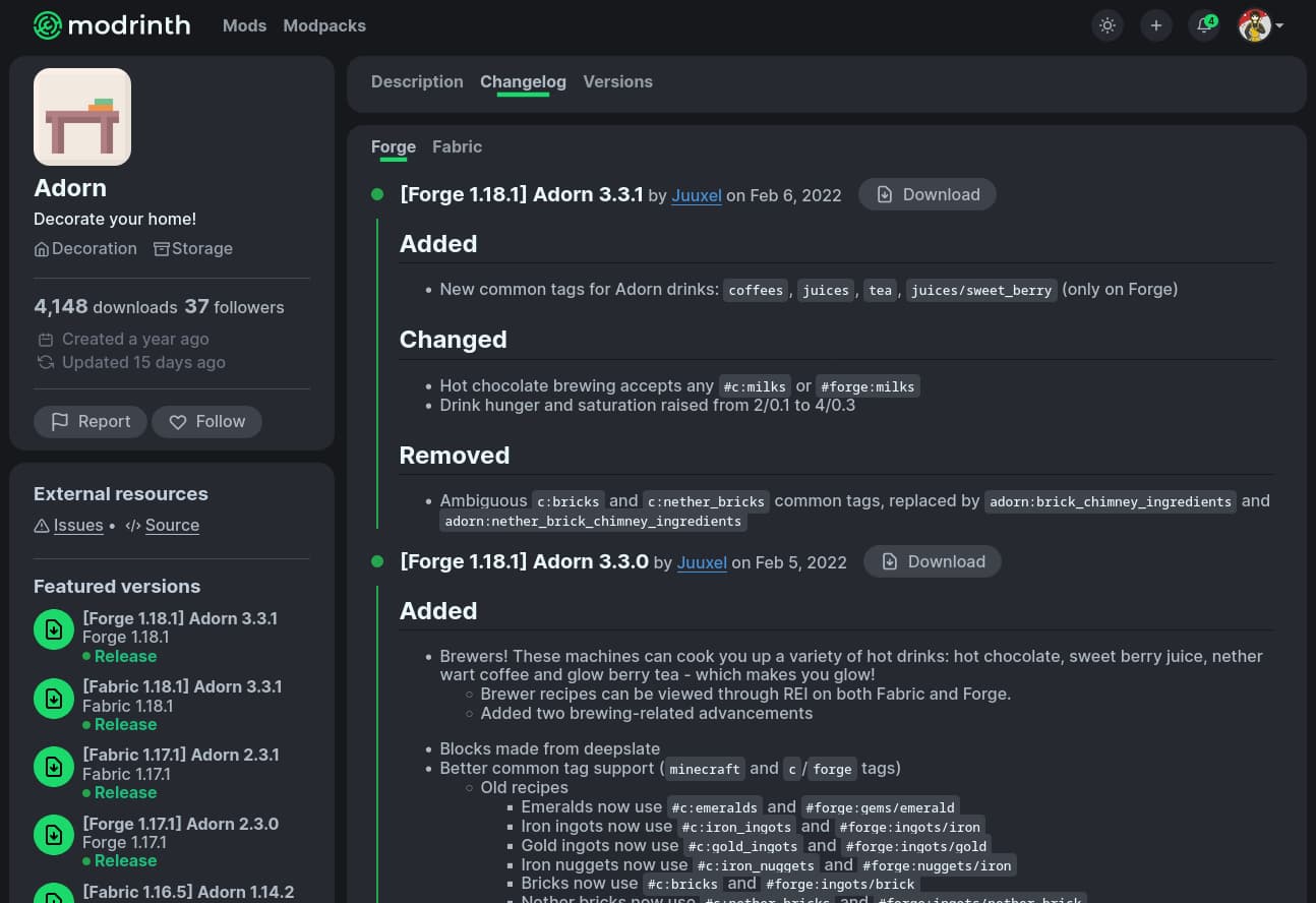 The changelog page
