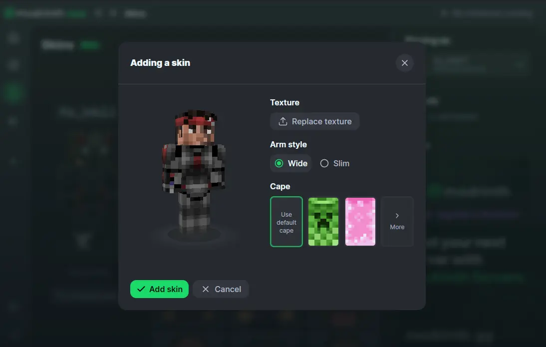 The edit skin modal that shows when you go to add or edit a skin.