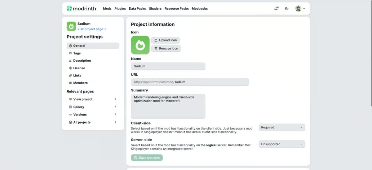 The new project settings page, shown for Sodium.