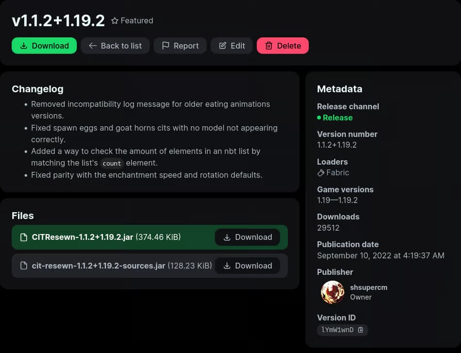 A screenshot of the way that individual versions look now.